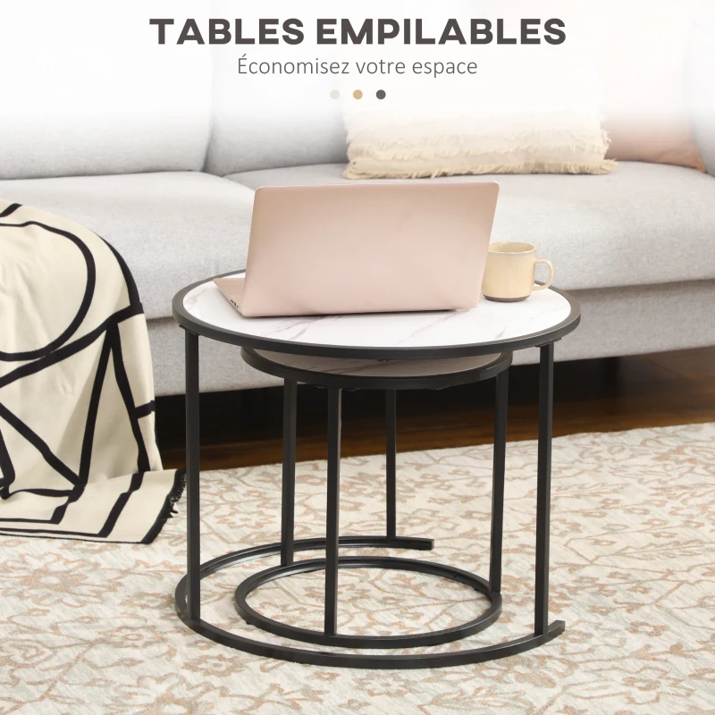 HOMCOM Lot de 2 Tables Basses Rondes gigogne empilables Plateau en bois aspect marbre et Pieds en métal Noir
