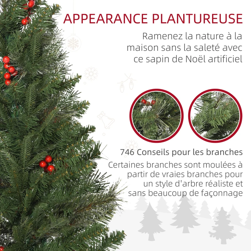 HOMCOM Sapin de Noël artificiel 210 cm 746 branches avec houx + support pied pliable vert