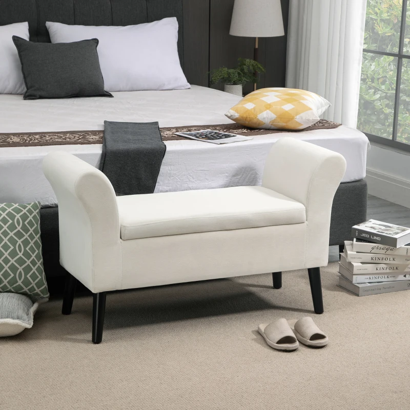 HOMCOM Panca Contenitore con Braccioli, in Tessuto Effetto Velluto e Legno, 111.5x41x65 cm, Bianco Crema