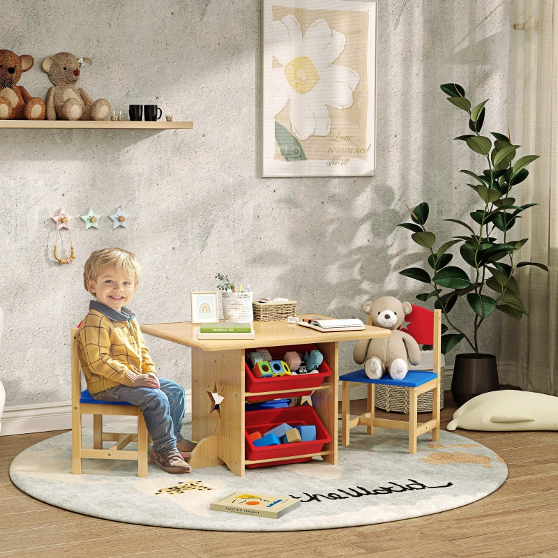 AIYAPLAY Table enfant avec 2 chaises ensemble table et chaises enfants 3 pièces en bois avec 4 bacs de rangement bois naturel