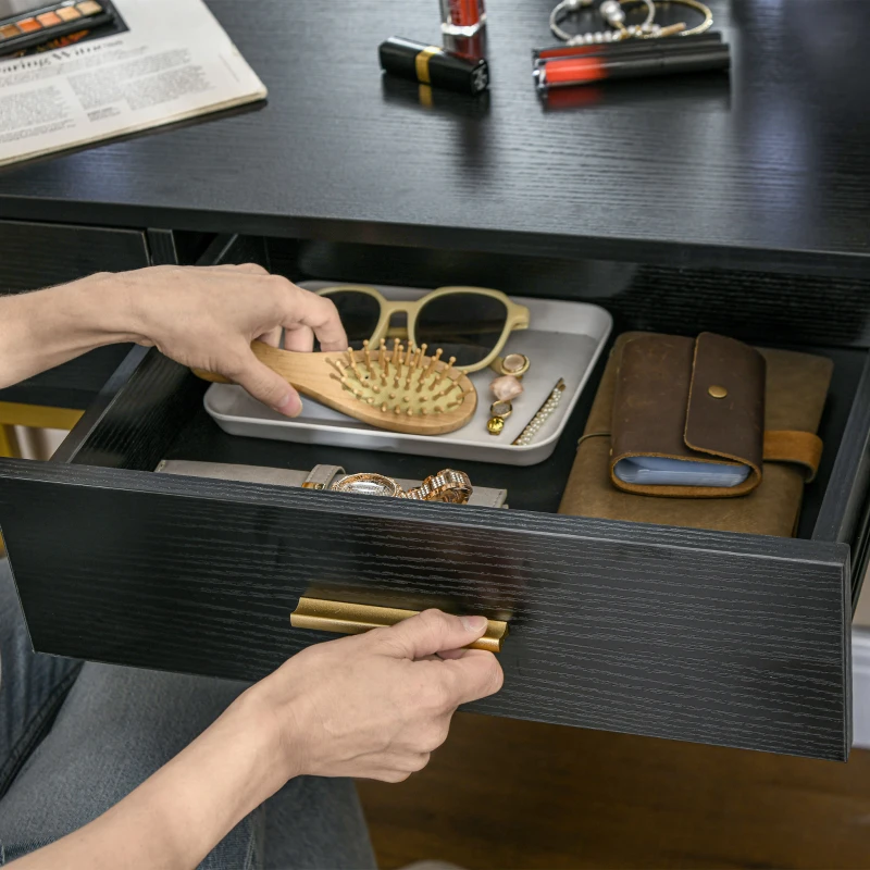 HOMCOM Tavolo da Trucco con 2 Cassetti, 6 Ripiani, Specchio e Sgabello, in Legno e Acciaio, 90x45x132.5 cm, Nero