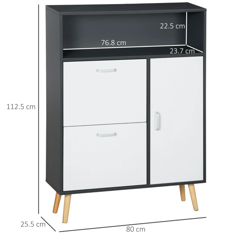 HOMCOM Scarpiera Salvaspazio per 8 Paia di Scarpe con 2 Ante e Armadietto, 80x25.5x112.5cm, Grigio e Bianco