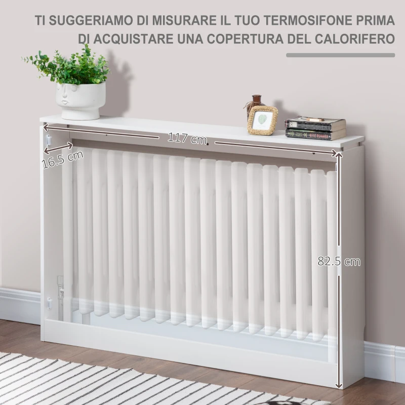 HOMCOM Copritermosifone a Doghe Moderno ed Elegante per la Casa, in MDF e Acciaio, 120x18x84cm, Bianco