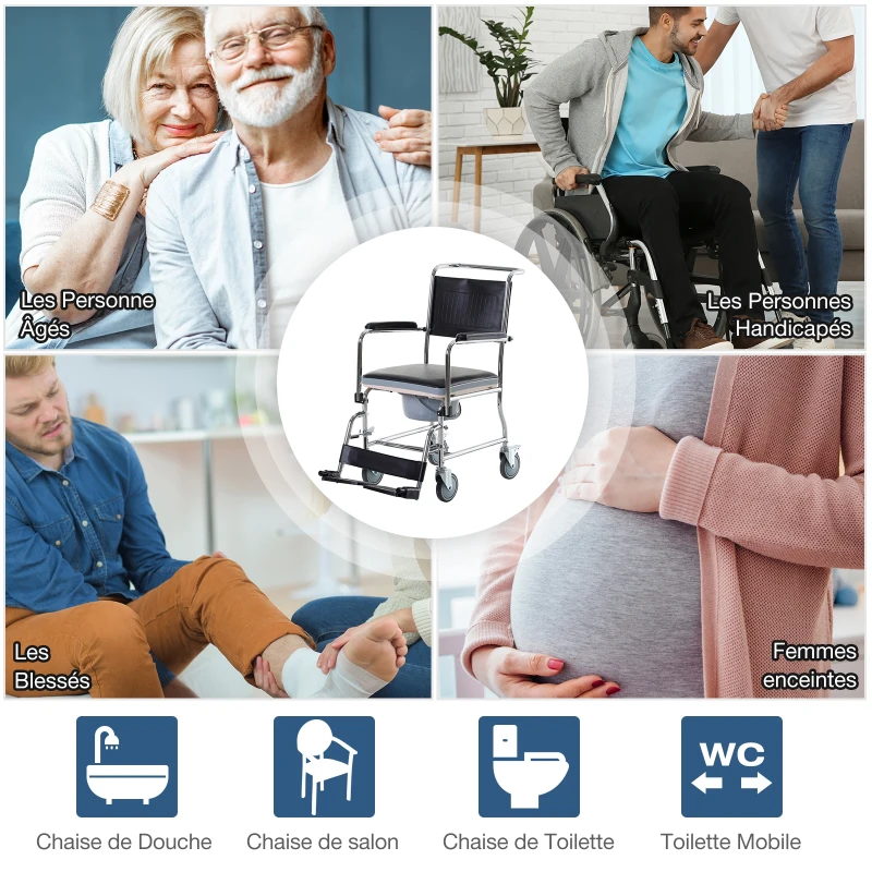 HOMCOM Chaise percée à roulettes - fauteuil roulant percé - coussin amovible, accoudoirs rembourrés,  repose-pied rabattable métal revêtement synthétique noir