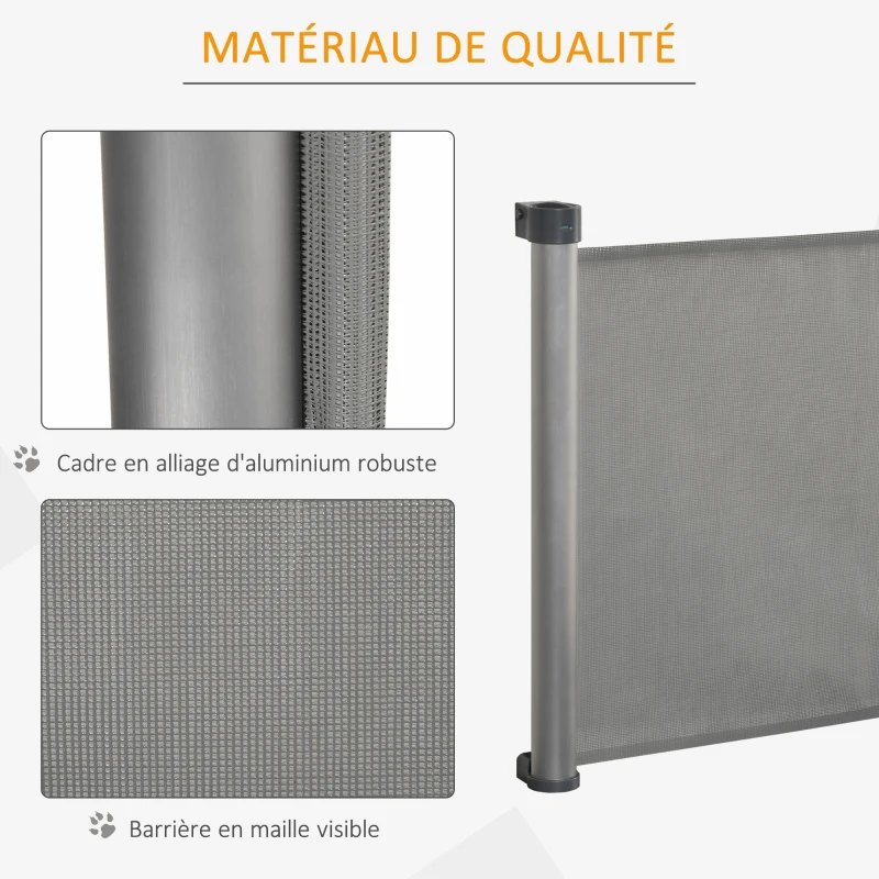 PawHut Barrière animaux rétractable automatique barrière de sécurité enroulable pour escaliers barrière extensible opération à une main dim. 1,4L x 0,88H m aluminium maille PVC gris