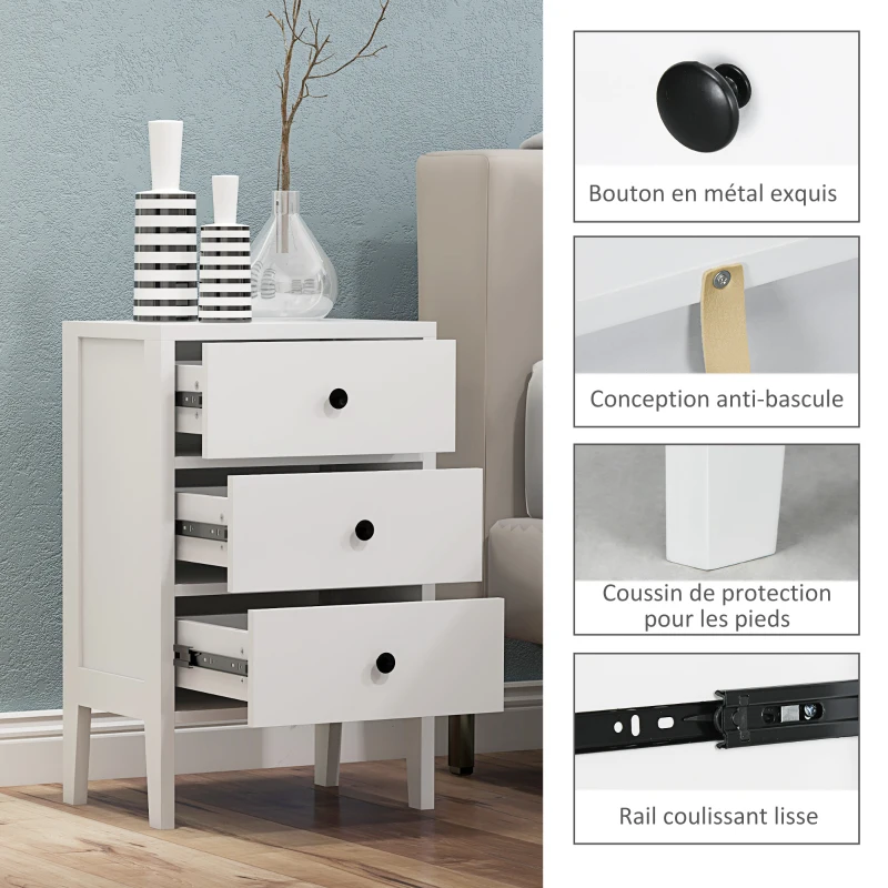 HOMCOM Lot de 2 tables de chevet, tables d'appoint, 3 tiroirs pour chambre en bois 40L x 30l x 64H cm blanc