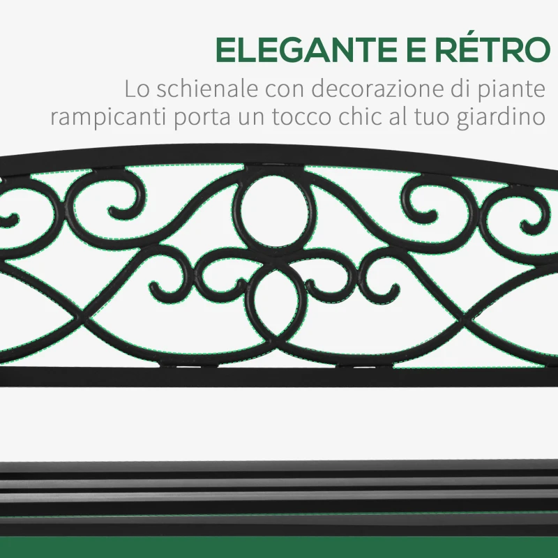 Outsunny Panchina da Giardino 2 Posti in Acciaio e Ghisa con Braccioli e Decorazione, 128x58.5x85cm, Nero