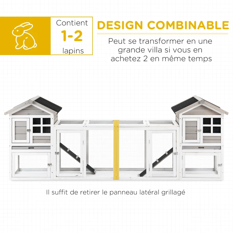 PawHut Clapier cage à lapins cottage - niche supérieure avec rampe et enclos extérieur - plateau coulissant, toit bitumé, 4 portes verrouillables - dim. 128L x 64l x 92H cm bois de sapin blanc gris