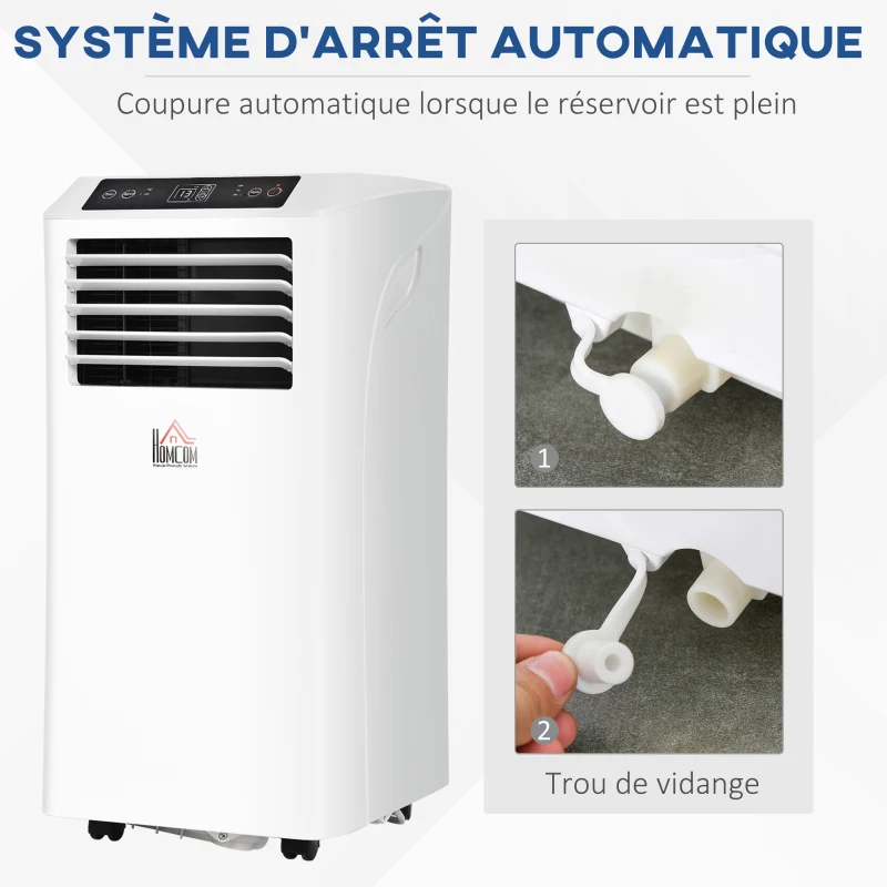 HOMCOM Climatiseur portable 9.000 BTU/h 2,6KW - ventilateur, déshumidificateur - réfrigérant naturel R290 - capacité de couv. max. de 28 m² - télécommande - débit d'air 360 m³/h - blanc