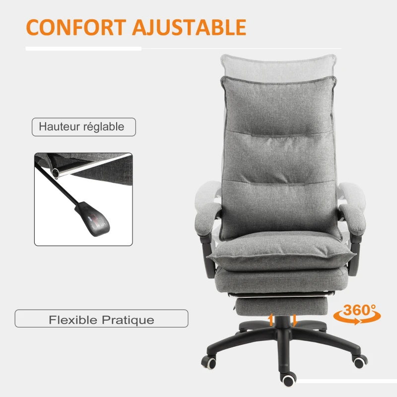 Vinsetto Fauteuil de bureau massant, chaise de bureau, chaise ergonomique avec hauteur réglable, dossier inclinable, repose-pied intégré et télécommande filaire, pivotant à 360°, toile de lin gris