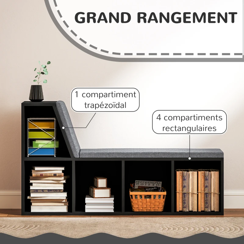HOMCOM Bibliothèque banc 2 en 1 avec 5 compartiments de rangement et 2 coussins 108 x 30 x 60 cm noir gris