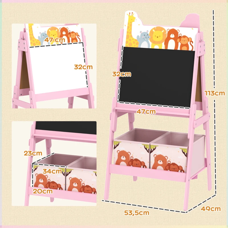 AIYAPLAY Pizarra Infantil de Doble Cara con 2 Cajas de Tela Caballete de Pintura para Niños con Estampado de Animales Rosa