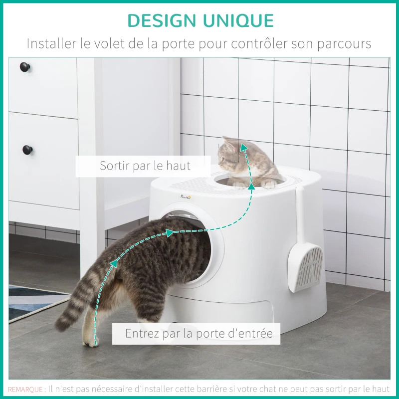 PawHut Bac à litière pour chat maison de toilette avec deux portes et une pelle dim. 43L x 51l x 38H cm - blanc