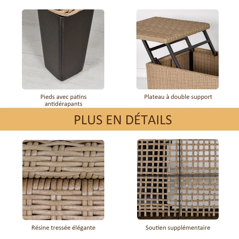 Outsunny Table basse de jardin style cosy chic - table basse relevable - métal époxy résine tressée imitation rotin beige