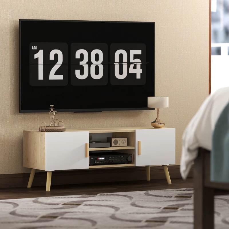 HOMCOM Meuble TV meuble télé bois banc TV jusqu'à 50 pouces avec étagères, 2 placards et passe-câbles, chêne