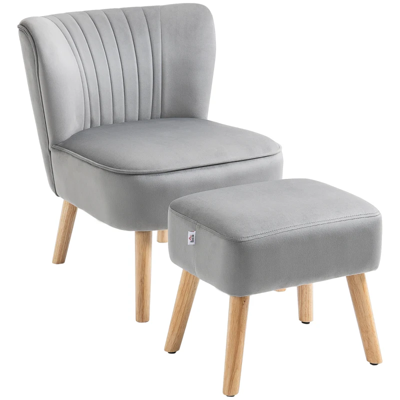 HOMCOM Velvet Accent Chair Occasional Tub Seat Padding Curved Back with Ottoman Wood Frame Legs Home Furniture Light Grey