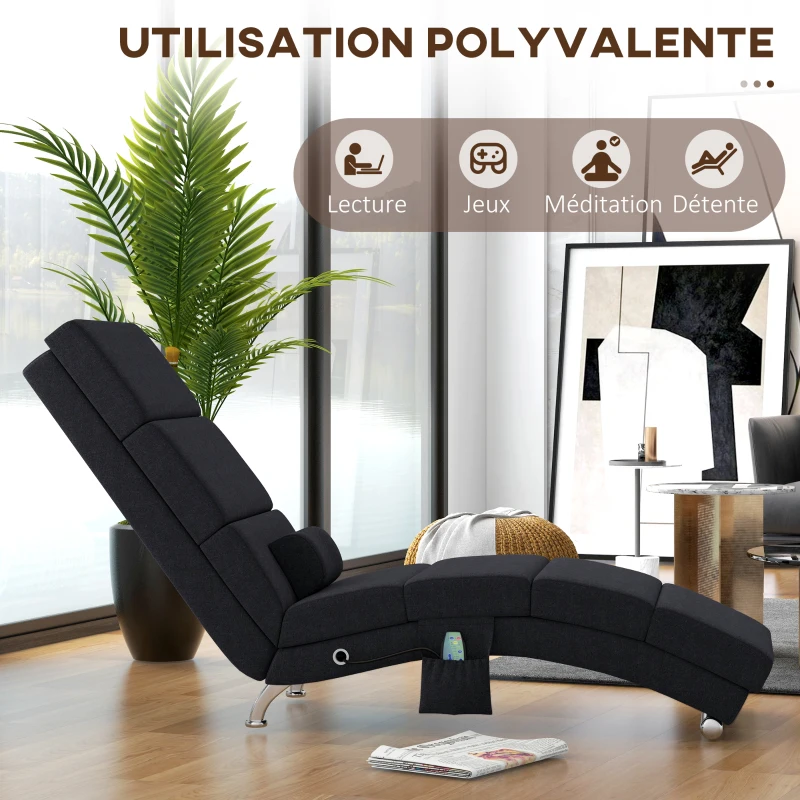 HOMCOM Fauteuil relax chaise longue de relaxation ergonomique, massant et chauffant avec télécommande 56 x 168 x 84 cm noir
