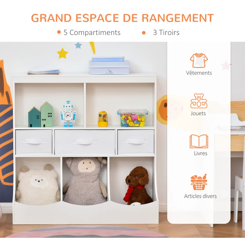 HOMCOM Meuble de rangement jouets enfant bibliothèque étagère de jouet pour chambre d'enfant 5 casiers 3 tiroirs non tissé MDF dim. 93,1L x 40l x 94H cm blanc
