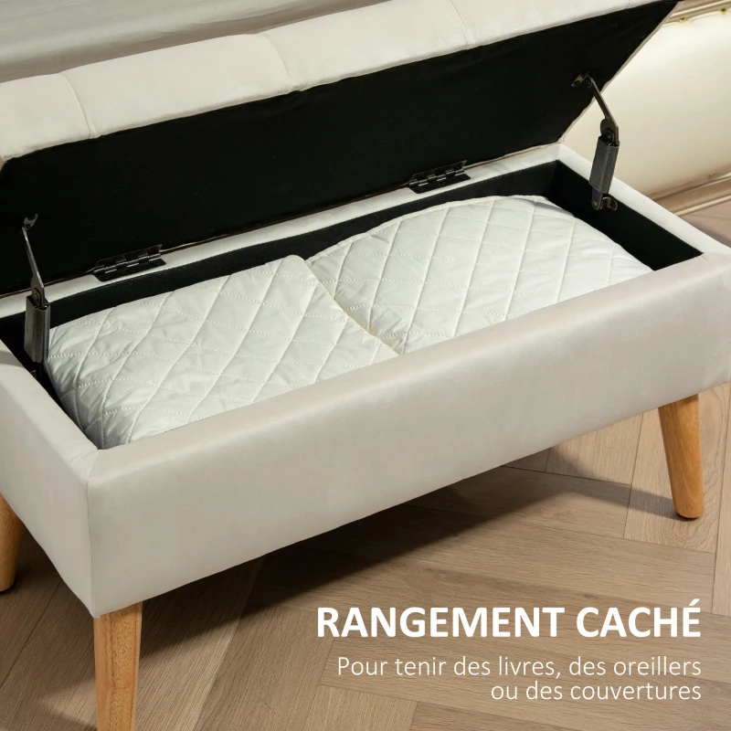 HOMCOM Banc de rangement coffre de rangement tissu effet velours pieds en bois charge max. 120 kg 80 x 35 x 42 cm, crème