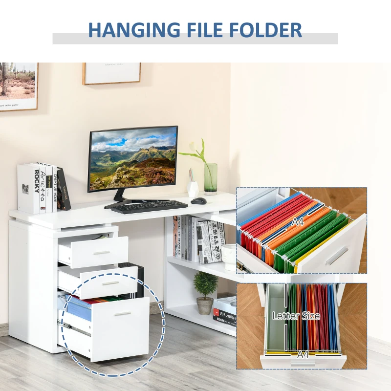 HOMCOM Reversible L-Shaped Computer Desk, Home Office Corner Desk, Study Workstation Table with Storage Shelves and Drawers for Letter Size, 150 x 120 x 74.5cm, White