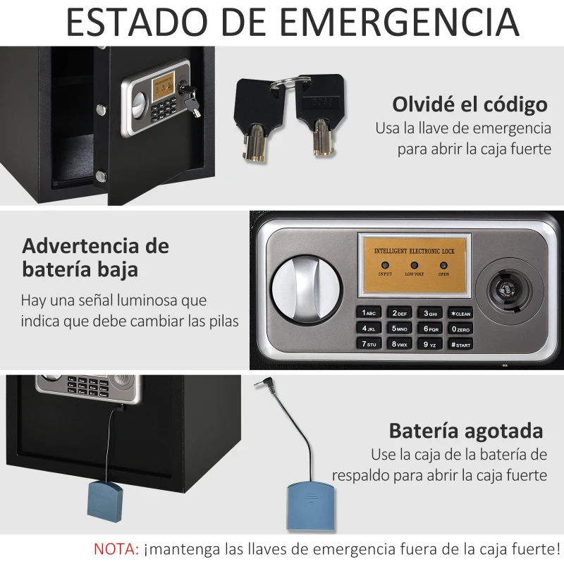 HOMCOM Caja fuerte Electrónica Sólida Caja de Seguridad con Llave 2 Códigos para Casa Oficina Capacidad de 32 L Acero 35x30x39,3 cm Negro