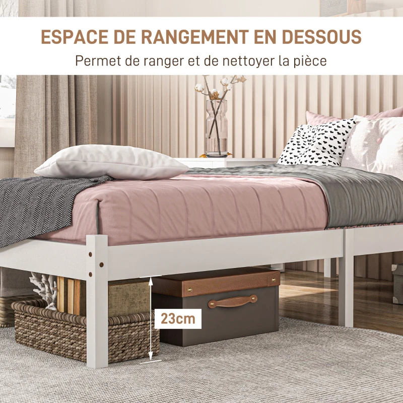 HOMCOM Cadre de lit en bois massif 90x190 cm lit simple avec tête de lit et sommier à lattes solide pour enfants adultes