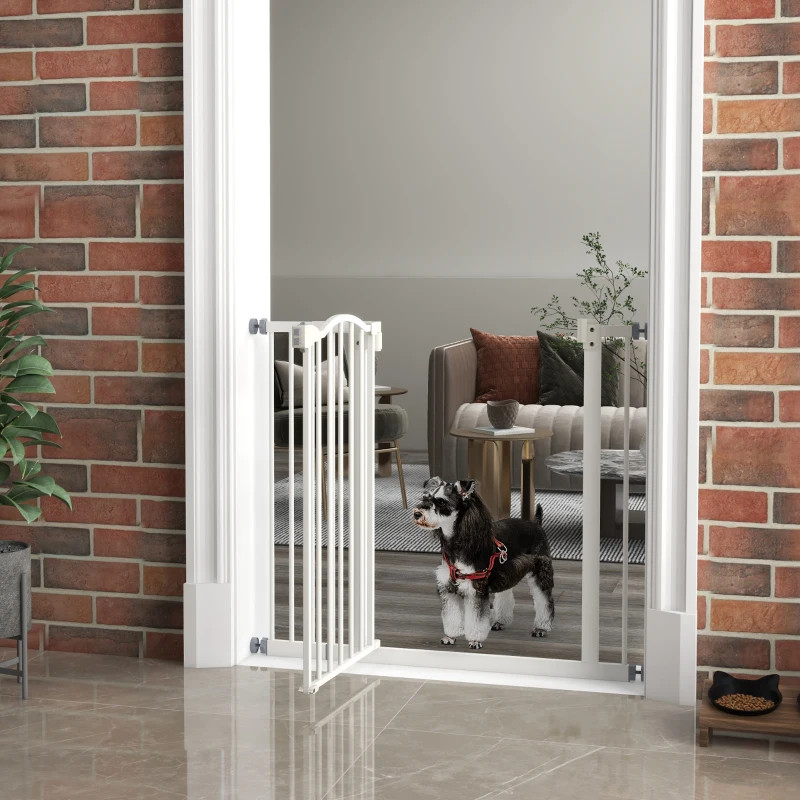 PawHut Metal 74-94cm Adjustable Pet Gate Safety Barrier w/ Auto-Close Door White