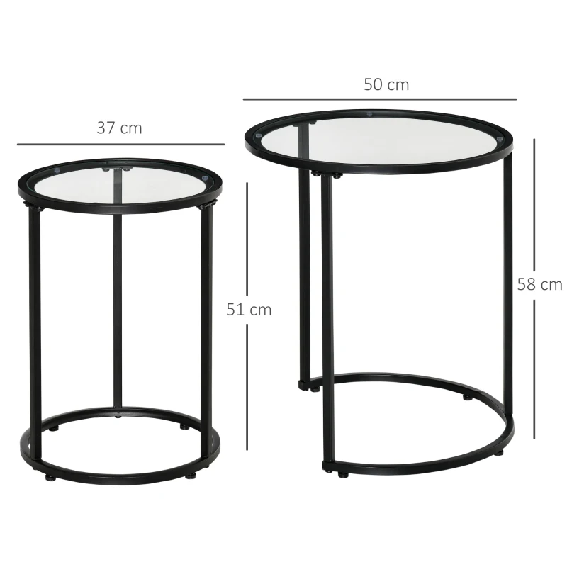 HOMCOM Juego de 2 Mesitas Auxiliares Anidadas con Estructura de Metal y Encimera de Cristal Ø50x58 cm y Ø37x51 cm Negro