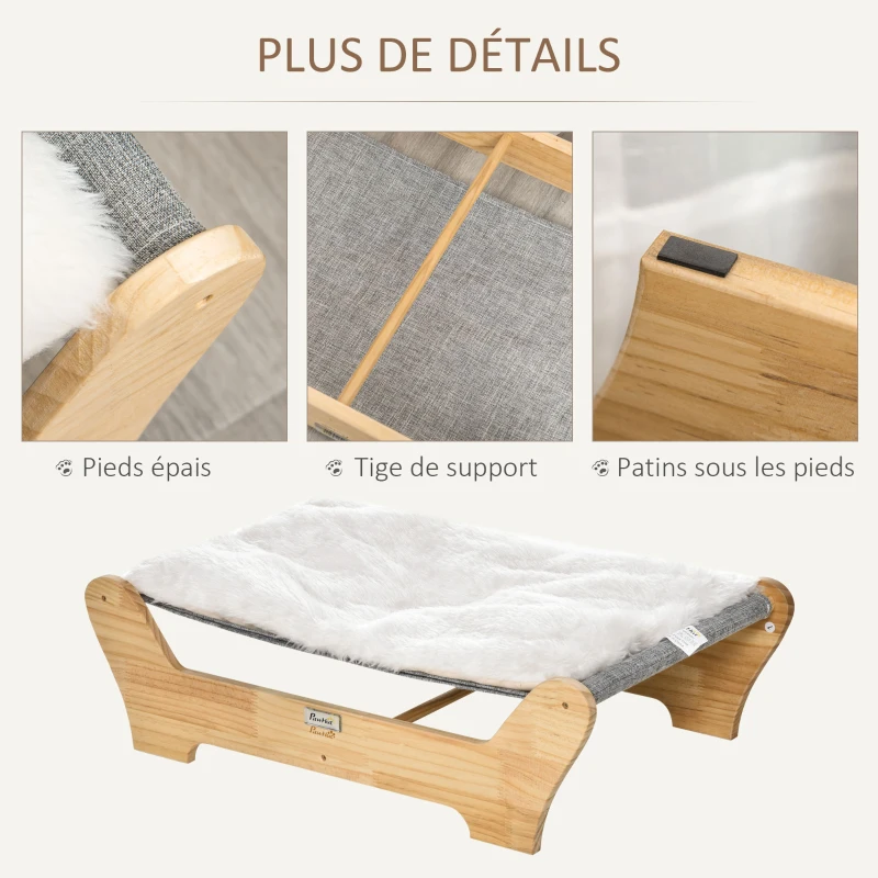 PawHut Lit pour chat chienchat lit hamac pour chat et chien avec coussin en peluche douce et confortable cadre en bois de pin solide et stable lavable en machine 68 x 43 x 20 cm