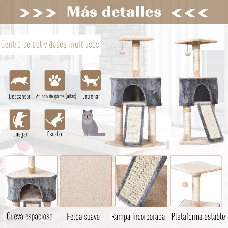 PawHut Árbol Rascador para Gatos con Cueva Juguete Colgante Rampa y Postes Rascadores de Sisal 40x40x98 cm Gris y Beige