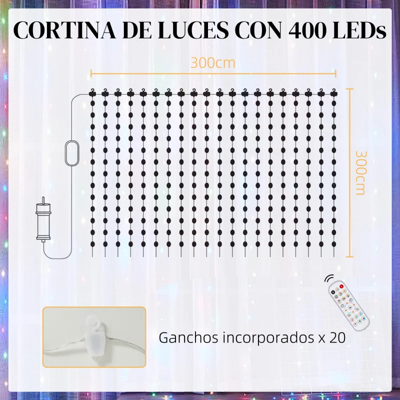HOMCOM Cortina de Luces LED 3x3m Inteligente con Sincronización Musical Control Remoto y App Efectos y Colores Personalizables