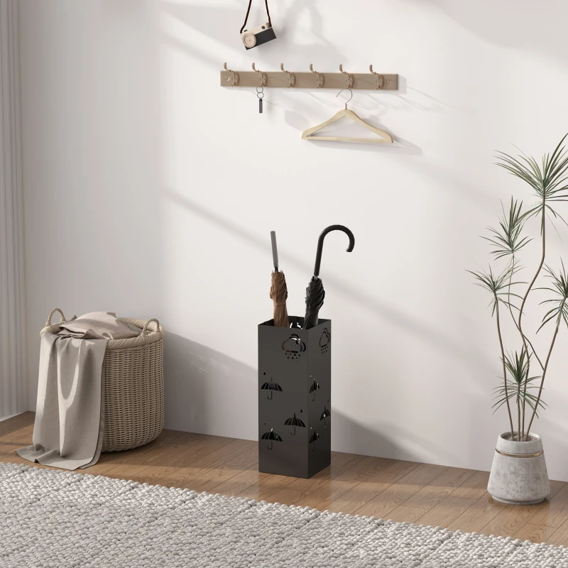 HOMCOM Metal Umbrella Stand, Square Umbrella Holder with Removable Drip Tray and 4 Hooks, Decorative Umbrella Storage Rack for Hallway, Entryway, 15.5 x 15.5 x 41 cm, Black