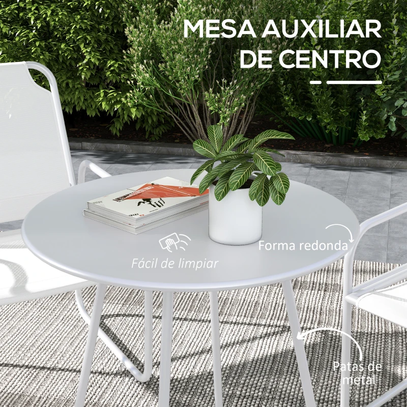Outsunny Conjunto de Muebles de Jardín de 3 Piezas con Marco de Acero Reposabrazos y Almohadillas Ajustables para los Pies Blanco