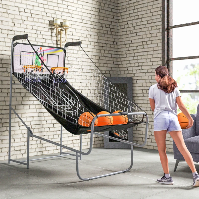 SPORTNOW Foldable Double-Hoop Basketball Arcade Game, with Eight Modes, Four Basketballs, Electronic Scoreboard, Sound Effects