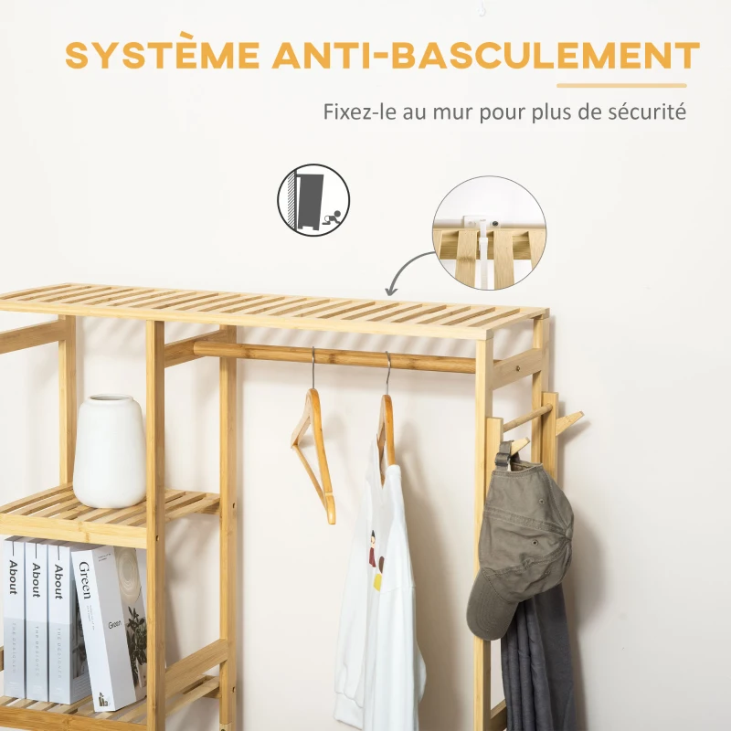 HOMCOM Portant à Vêtements Bambou Penderie Porte-Manteaux avec étagères, Tringle et 2 patères - dim. 90L x 30P x 155H cm