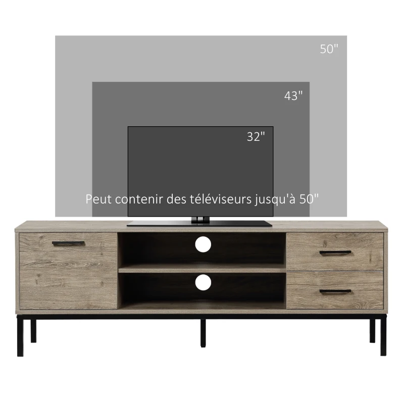 HOMCOM Meuble TV meuble télé jusqu'à 50 pouces placard, 2 tiroirs et 2 niches - 2 passe-câbles - 132 x 39 x 45,5 cm gris noir