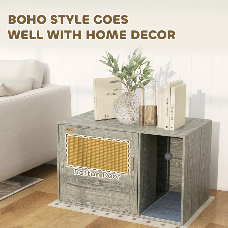 PawHut Cat Litter Box Enclosure with Rattan Door, Scratching Mat, Toy Ball, Non-Slip Foot Pads, Grey