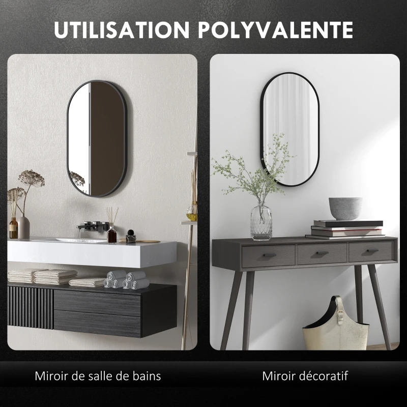 HOMCOM Miroir ovale mural cadre en aluminium style minimaliste montage vertical ou horizontal avec 3 crochets 40 x 70 cm noir