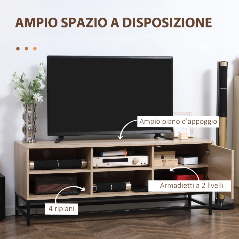 HOMCOM Mobile TV Moderno per TV max 60" in MDF e Acciaio con 4 Ripiani Aperti e Armadietto a 2 Livelli, 140x40x55.3 cm