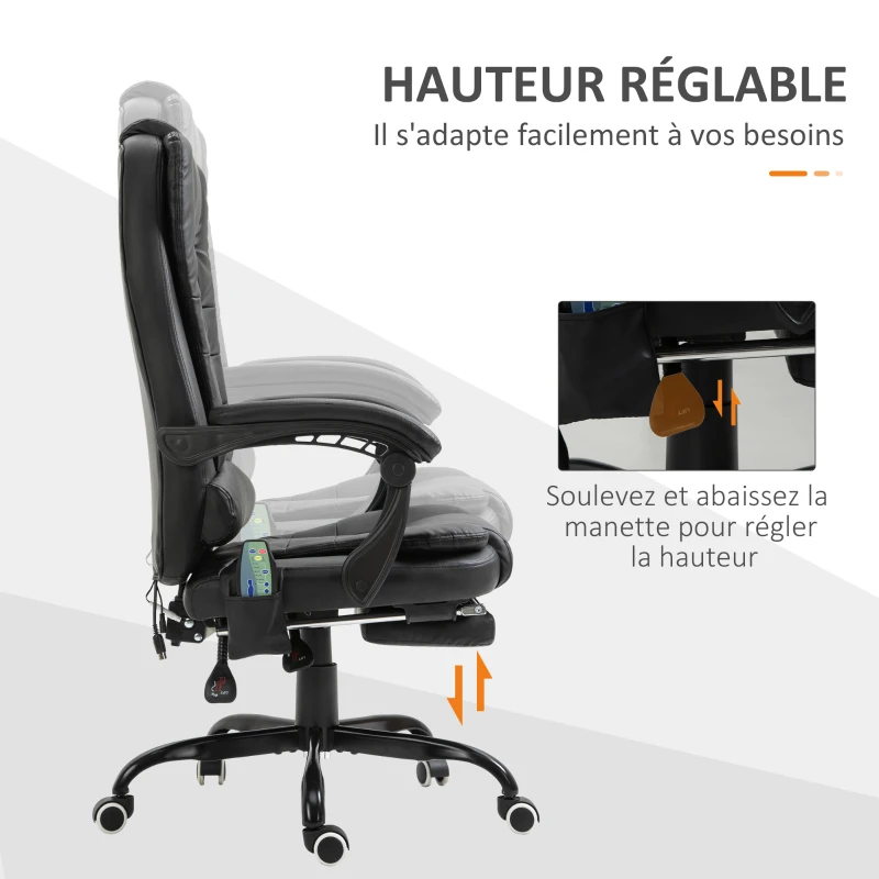 Vinsetto Fauteuil de bureau massant, chaise de bureau, chaise ergonomique avec hauteur réglable, dossier inclinable et télécommande filaire, repose-pieds rétractable et pivotant à 360°, noir(m-6)