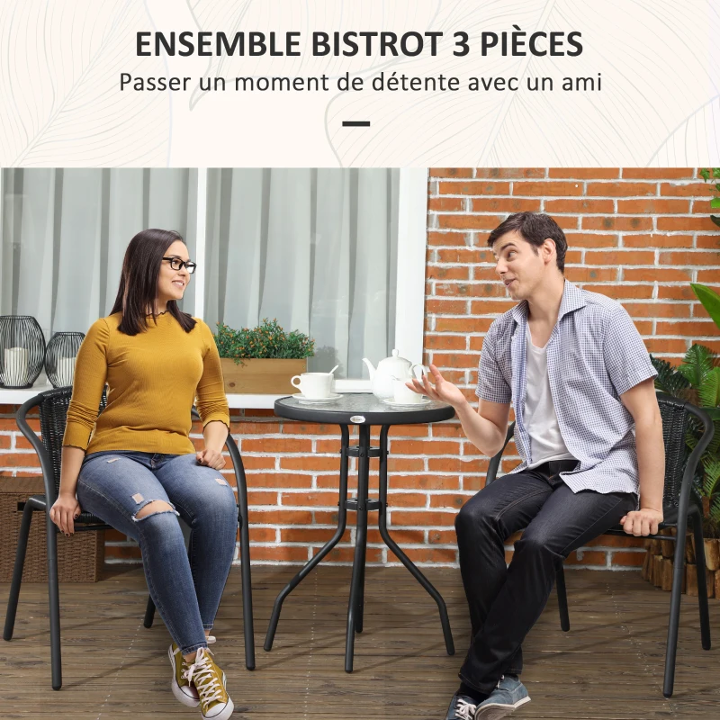 Outsunny Ensemble de jardin salon de jardin en résine tressée 3 pièces 2 fauteuils + 1 table basse plateau en verre trempé