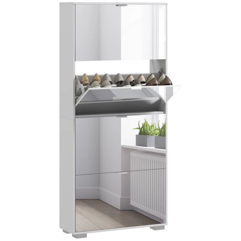 HOMCOM Meuble à chaussures 2 en 1 façades miroir 4 portes abattants, étagères réglables, jusqu'à 24 paires, 76l x 26P x 168H cm(m-11)