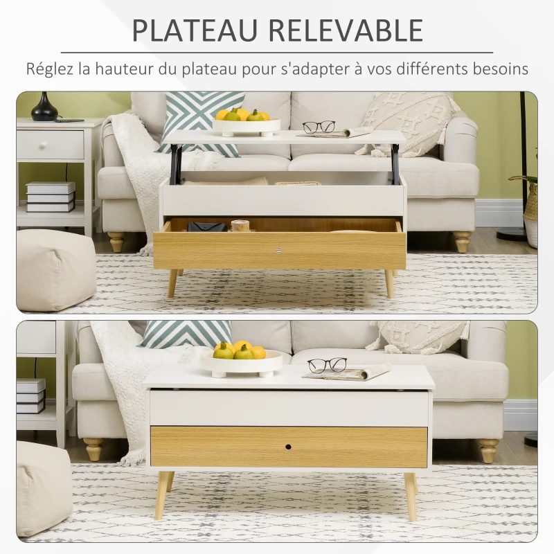 HOMCOM Table basse rectangulaire avec plateau relevable 1 tiroir coffre en bois dim. 100L x 50l x 49H cm bois clair et blanc