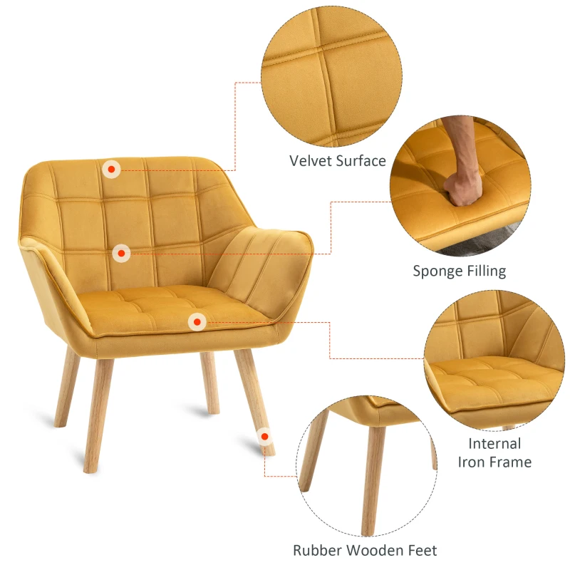 HOMCOM Armchair Accent Chair, Vanity Chair with Wide Arms, Slanted Back, Padding, Metal Frame, Wooden Legs, Home Bedroom Furniture Seating, Yellow