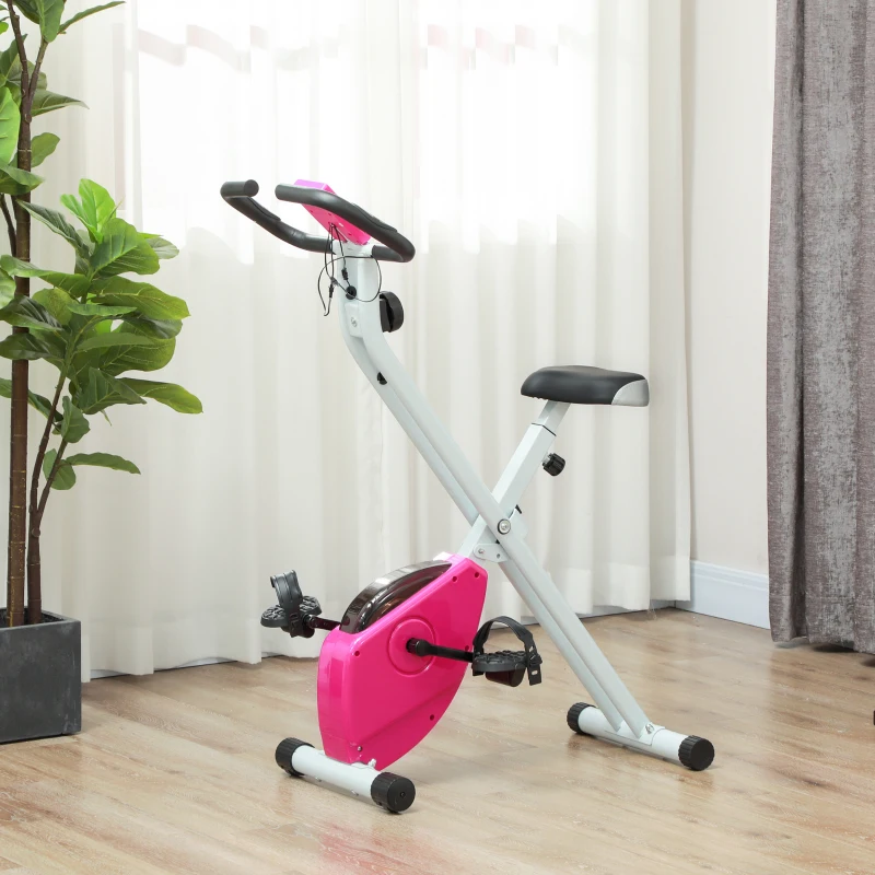 SPORTNOW Folding and Quiet Exercise Bike with 8-Level Magnetic Resistance and Heart Rate Sensor, for Home Gym, Pink and White