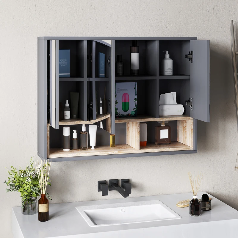 HOMCOM Meuble salle de bain avec miroir, armoire toilettes murale avec placards à 3 portes et 8 compartiments, gris(m-8)