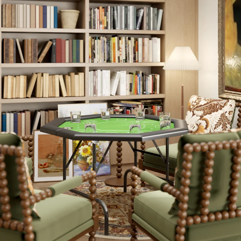 SPORTNOW 8 Player Folding Poker Table, Portable Octagon Blackjack Table with Cup Holders, Padded Edge, Green