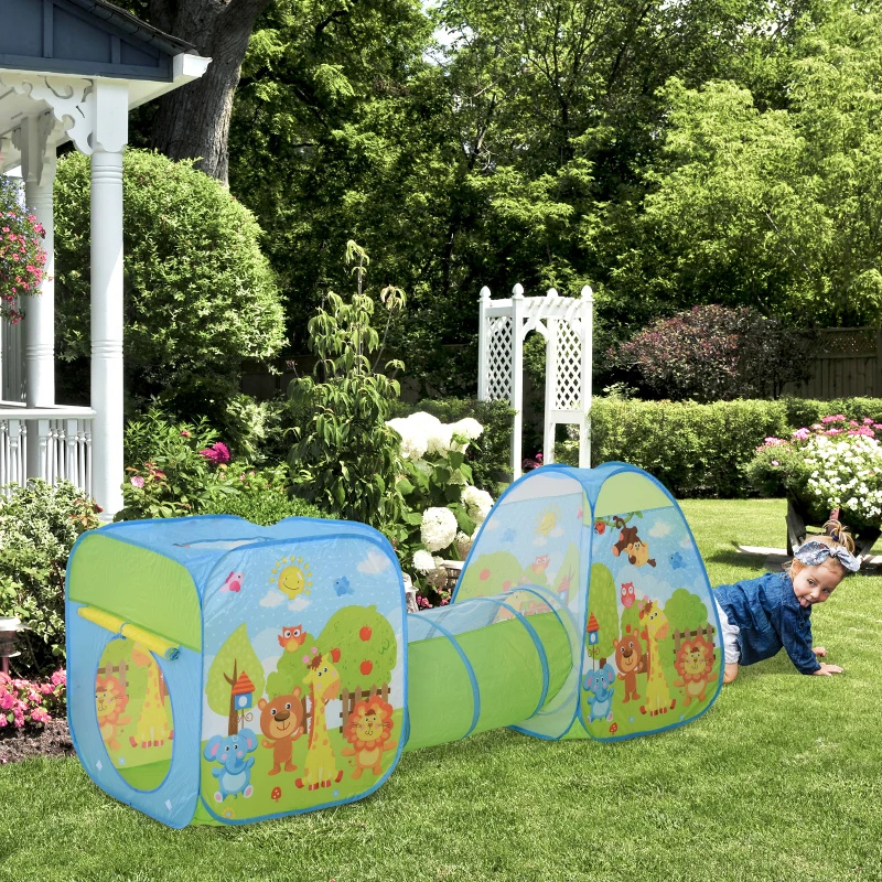 HOMCOM Casa de Juegos para Niños Myores de 3 Años Tienda de Campaña Infantil Diseño 3 en 1 Plegable con Túnel Sistema Pop-up Gran Espacio Divertido Multicolor 230x74x93cm