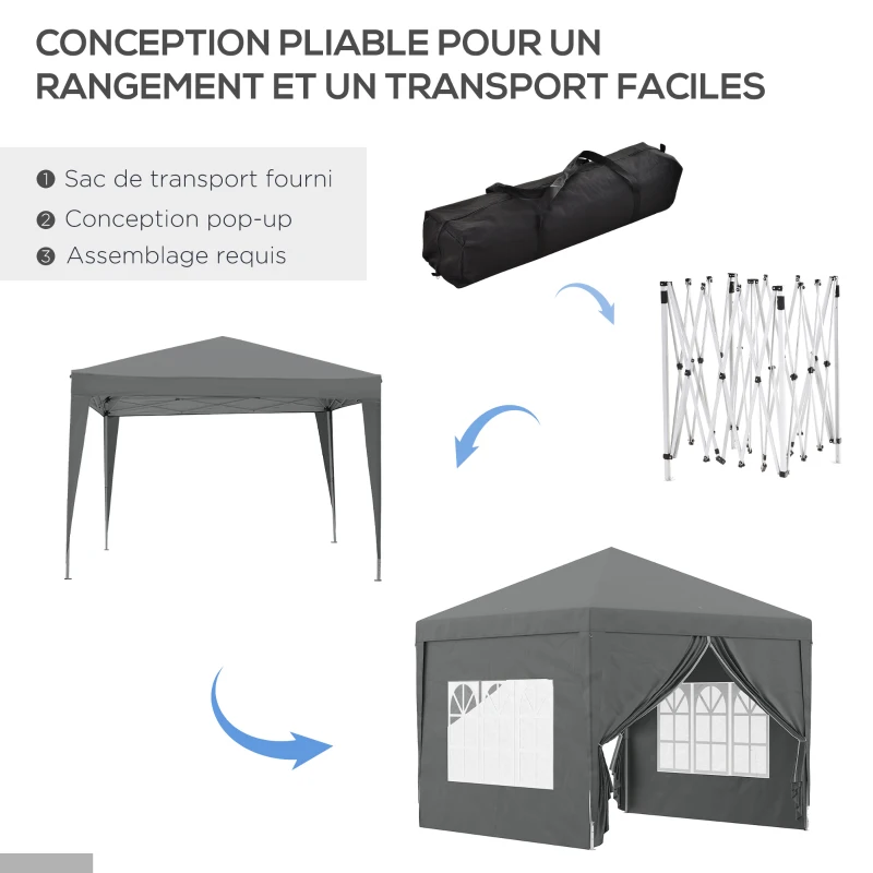 Outsunny Tonnelle tente de réception barnum pop-up pliant 3 x 3 m 4 parois amovibles + sac de transport gris