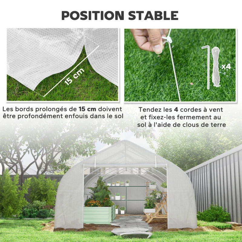 Outsunny Serre de jardin tunnel grande taille avec bâche PE cadre en acier porte enroulable et 12 fenêtres 8 x 3 x 2 m blanc